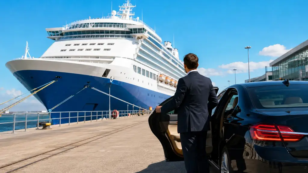 Cruise liner and transfer car at Southampton