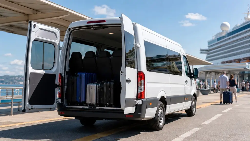 Modern minibus waiting at a port pick-up bay